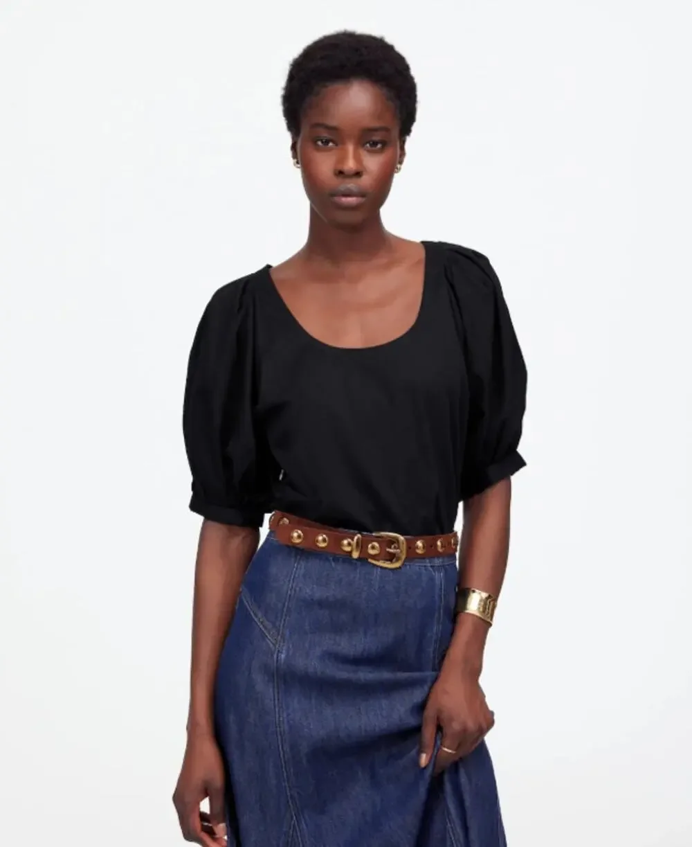 Madewell Scoop Neck Top Puff Short Sleeve Womens XS Black Relaxed Cotton Knit